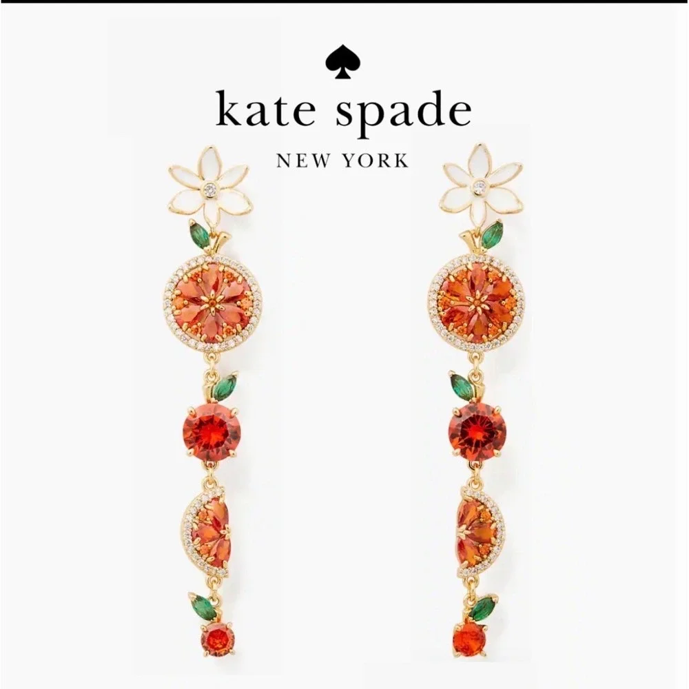 Kate Spade Citrus Fruit Drop Earrings Gold Tone Crystal Orange Flower NWT Boho - Picture 3 of 6